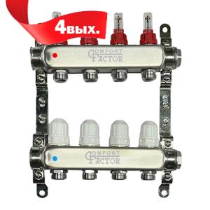 Коллекторная группа CF нерж сталь 4 вых. в сборе с расходомерами и термостатическими клапанами